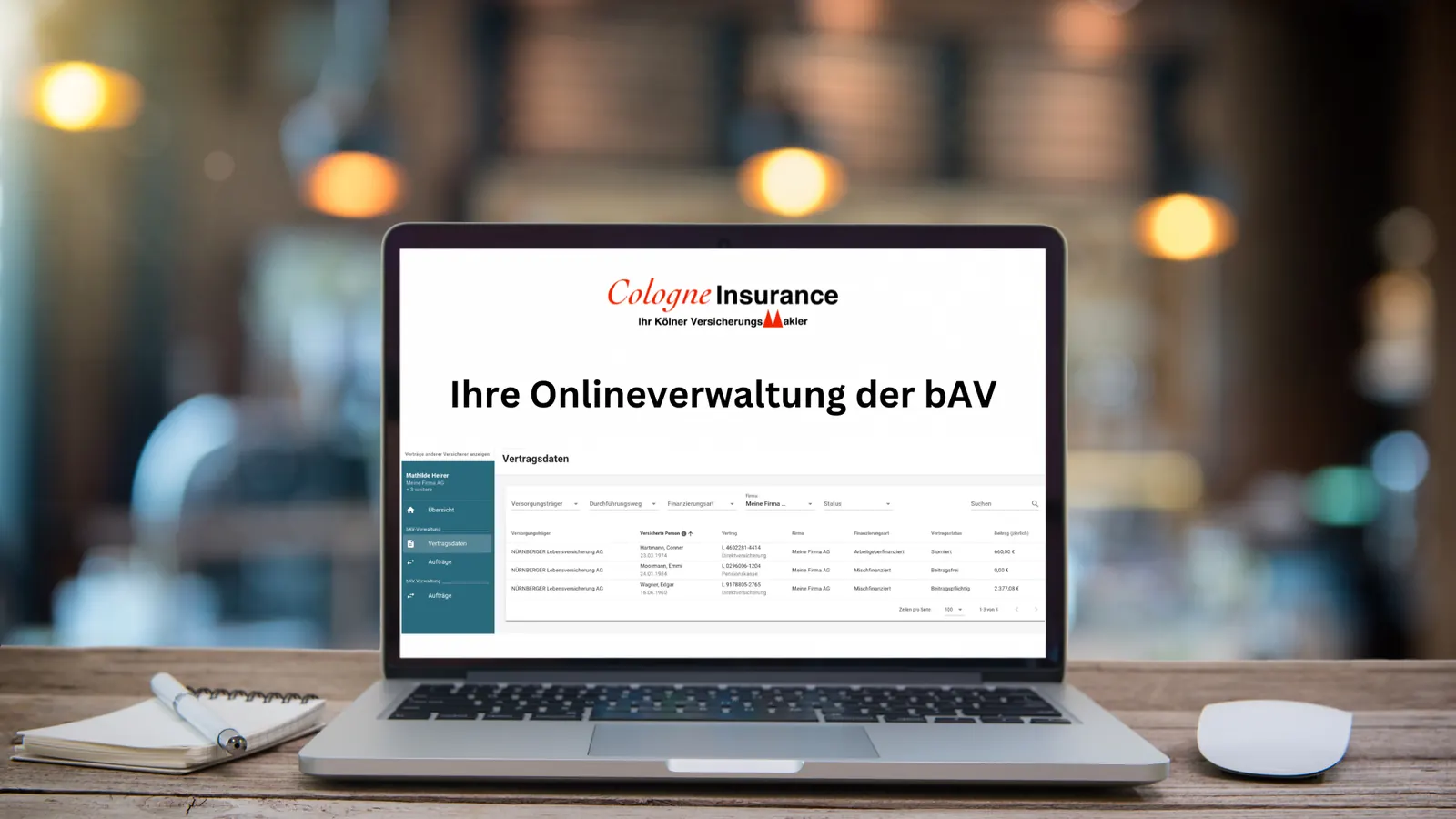 Onlineverwaltung der bAV — Verwaltungsoberfläche Cologne Insurance