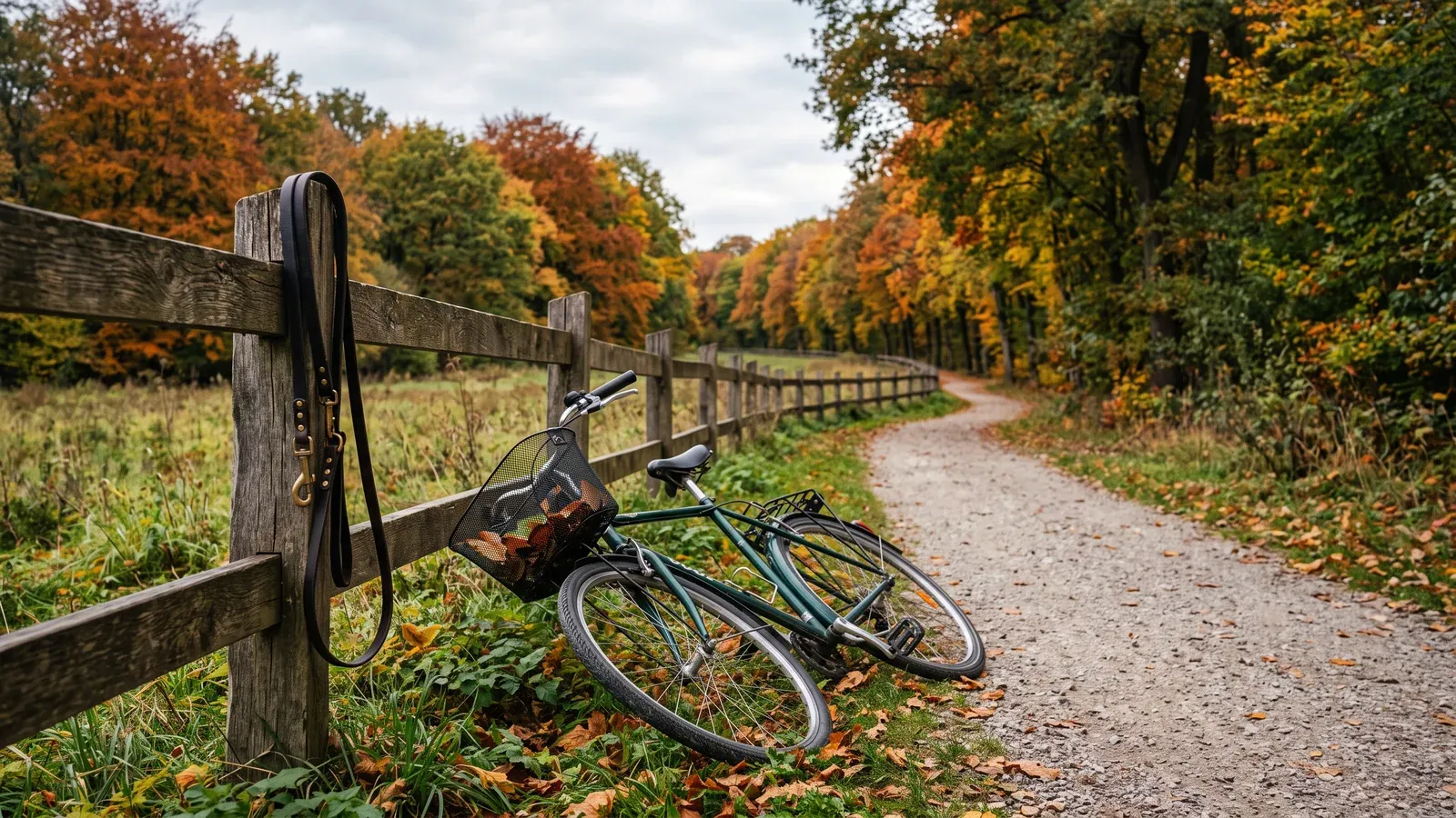 Hundeleine am Zaun und umgekipptes Fahrrad am Feldweg im Herbst