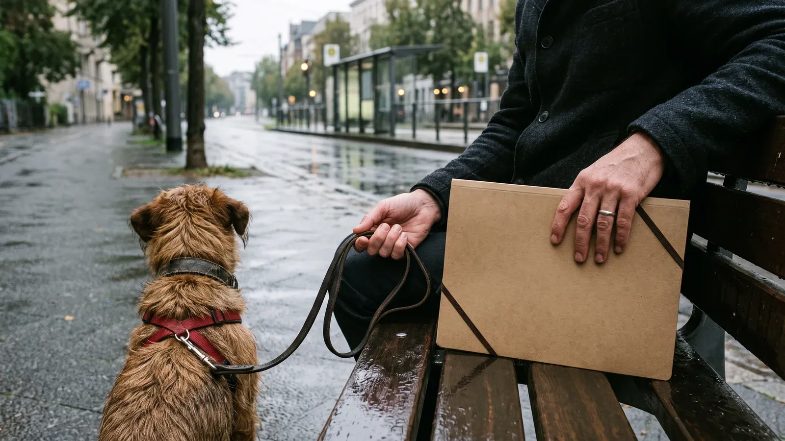 Halter-Hände mit Leine und Mappe auf Parkbank, Hund von hinten, Regenstraße