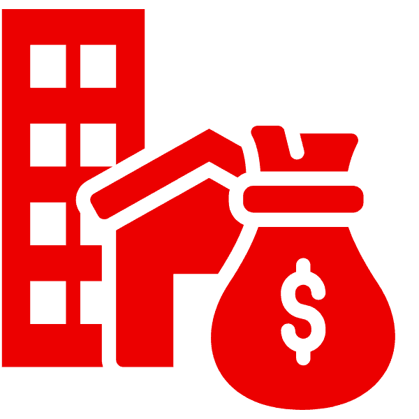 Rotes Symbol für Existenzgründung mit einem Gebäude, einem Haus und einem Geldsack mit Dollarzeichen.