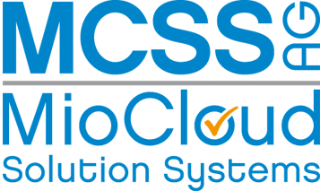 Logo der MCSS AG MioCloud Solution Systems in blauer Schrift mit grauer Linie.