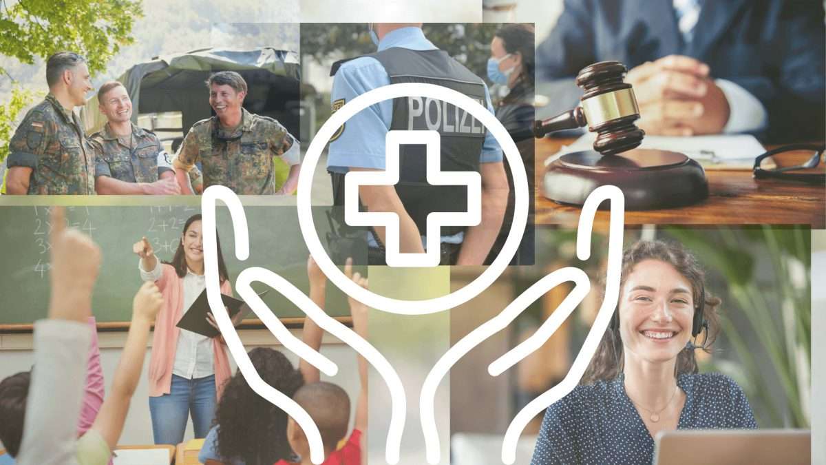 Symbol mit Händen und einem Kreuz, das Gesundheitsversorgung und Unterstützung darstellt.